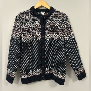 Vintage L.L. Bean Norway Wool Cardigan S Navy Nordic Birdseye Jacquard Fisherman